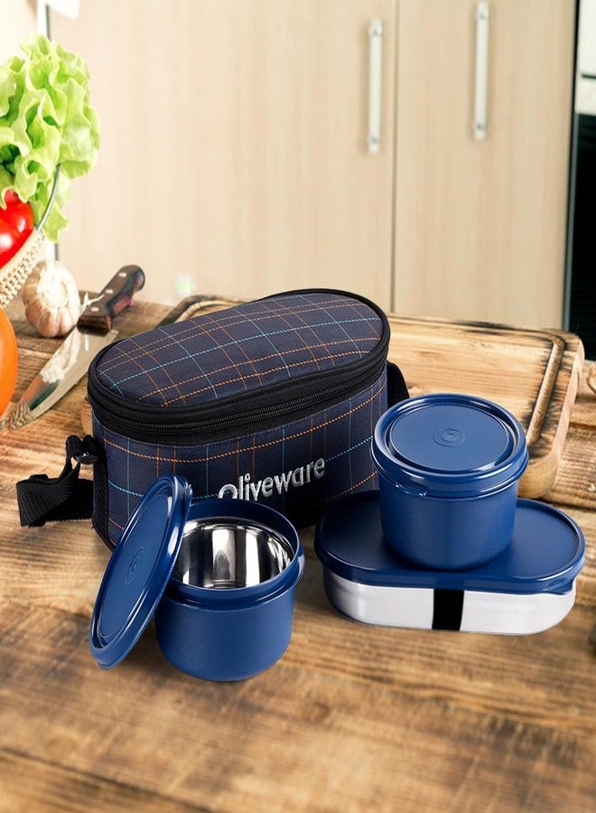 SOPL-OLIVEWARE علبة غداء SOPL-OLIVEWARE Hazel، مانعة للتسرب وآمنة للاستخدام في الميكروويف، 3 حاويات داخلية من الفولاذ (450 مل، 450 مل، 550 مل)، حقيبة قماشية معزولة، وجبة كاملة وسهلة الحمل (أزرق) - Image 5